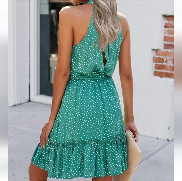 Drape & Ruffle Detailed Green & White Polka Dot Dress, Size Large - Picture 2 of 7